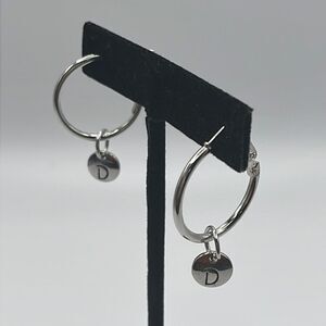 Choice of Silver-tone 1-in Hoops with Dangling Initial Charm (A-Z)